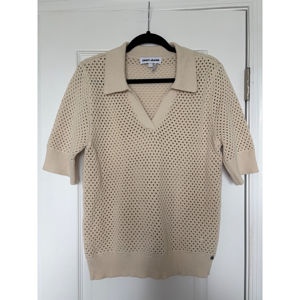 DKNY Jeans Womens Cream Cotton Crochet Open Knit Polo Short Sleeve Sweater L